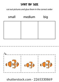 Cut out pictures and sort them by size. Small, medium or big. Educational worksheet.