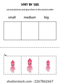 Cut out pictures and sort them by size. Small, medium or big. Educational worksheet.