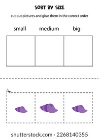 Cut out pictures and sort them by size. Small, medium or big. Educational worksheet.