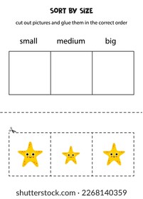 Cut out pictures and sort them by size. Small, medium or big. Educational worksheet.