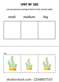 Cut out pictures and sort them by size. Small, medium or big. Educational worksheet.