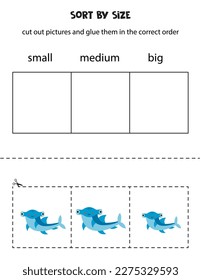 Cut out pictures and sort them by size. Small, medium or big. Educational worksheet.