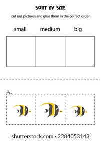 Cut out pictures and sort them by size. Small, medium or big. Educational worksheet.