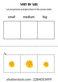 Cut out pictures and sort them by size. Small, medium or big. Educational worksheet.