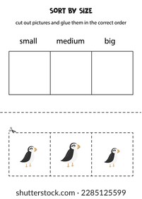 Cut out pictures and sort them by size. Small, medium or big. Educational worksheet.
