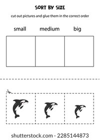 Cut out pictures and sort them by size. Small, medium or big. Educational worksheet.