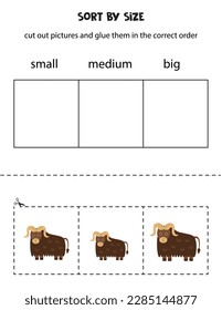 Cut out pictures and sort them by size. Small, medium or big. Educational worksheet.