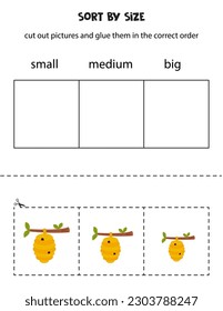 Cut out pictures and sort them by size. Small, medium or big. Educational worksheet.