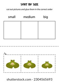 Cut out pictures and sort them by size. Small, medium or big. Educational worksheet.
