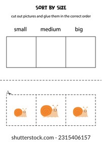 Cut out pictures and sort them by size. Small, medium or big. Educational worksheet.