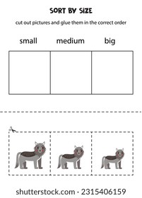 Cut out pictures and sort them by size. Small, medium or big. Educational worksheet.