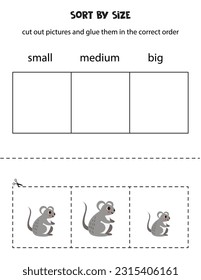 Cut out pictures and sort them by size. Small, medium or big. Educational worksheet.