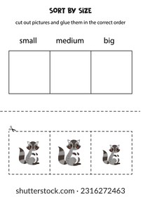Cut out pictures and sort them by size. Small, medium or big. Educational worksheet.