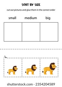 Cut out pictures and sort them by size. Small, medium or big. Educational worksheet.