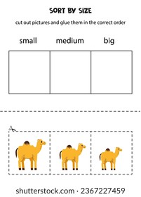 Cut out pictures and sort them by size. Small, medium or big. Educational worksheet.