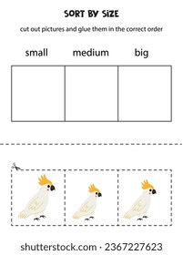 Cut out pictures and sort them by size. Small, medium or big. Educational worksheet.