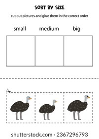 Cut out pictures and sort them by size. Small, medium or big. Educational worksheet.