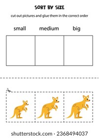 Cut out pictures and sort them by size. Small, medium or big. Educational worksheet.