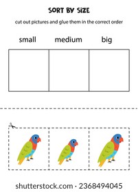 Cut out pictures and sort them by size. Small, medium or big. Educational worksheet.
