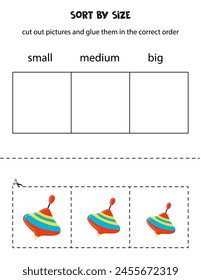 Cut out pictures of spinning tops and sort them by size. Small, medium or big. Educational worksheet.