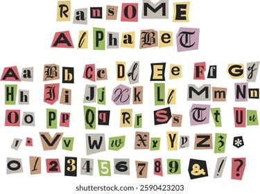 Cut out ransom kidnapper letters. Retro magazine collage vector alphabet. Letters and numbers cut from newspapers. Criminal, blackmail, anonymous or detective font isolated on transparent background.