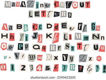 Cut out ransom kidnapper letters. Retro magazine collage vector alphabet. Letters and numbers cut from newspapers. Criminal, blackmail, anonymous or detective font isolated on transparent background.