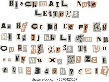 Cut out ransom kidnapper letters. Retro magazine collage vector alphabet. Letters and numbers cut from newspapers. Criminal, blackmail, anonymous or detective font isolated on transparent background.