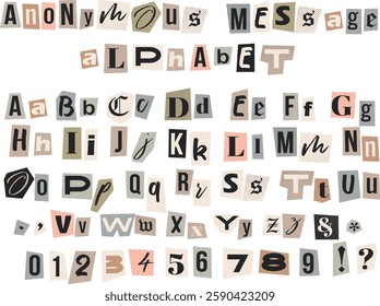 Cut out ransom kidnapper letters. Retro magazine collage vector alphabet. Letters and numbers cut from newspapers. Criminal, blackmail, anonymous or detective font isolated on transparent background.