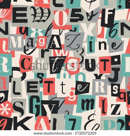 Cut out ransom kidnapper letters. Retro magazine collage vector alphabet. Letters and numbers cut from newspapers. Criminal, blackmail, anonymous or detective seamless pattern.