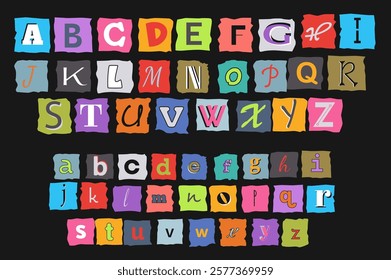 Cut out ransom letters alphabet set in flat graphic design. Collection elements of colourful typeset for criminal anonymous messages, english typography cutting from newspapers. Vector illustration.