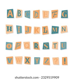 Cut out ransom vector letters alphabet. Blackmail or Ransom Kidnapper Anonymous Note Font. Latin Letters, Numbers and punctuation symbols. Criminal ransom letters.