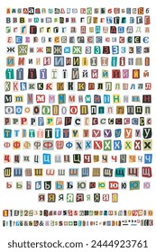 Cut out ransom vector letters cyrillic alphabet. Blackmail or Ransom Kidnapper Anonymous Note Font. Letters, Numbers and punctuation symbols. Criminal ransom letters. Big collection. Compose your own