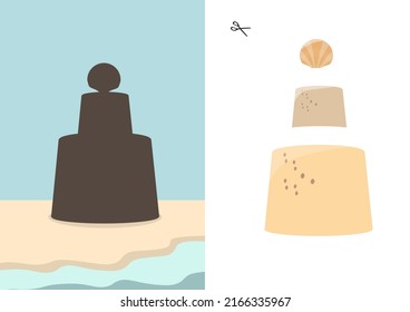 Cut out sand castle, game for children. Cartoon activity page for kids for summer season. Vector.