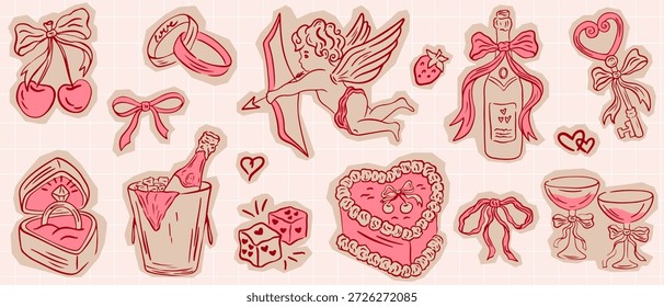 Cortar elementos de casamento scrapbook. Arcos, fitas, cupido, coquetéis, bolo desenhados à mão. Ilustrações de papel artesanal rasgado vetor para casamento ou convite de cartão de dia dos namorados.