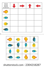 Cut out sea animals below and sort them out by directions. Educational game for kids.