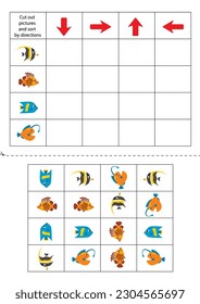 Cut out sea animals below and sort them out by directions. Educational game for kids.