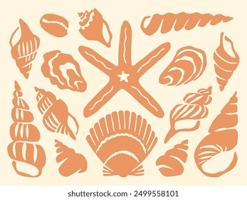 Cut out seashells collection seashore vacation block print. Peach orange seashell cutouts vintage collage element set. Coastal holiday design with a retro vibe, sea shell icons summer beach print.