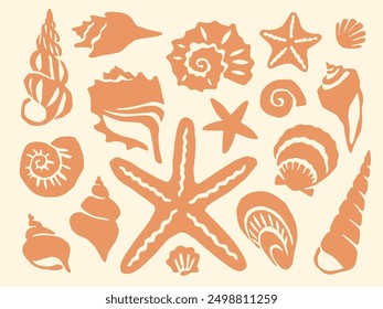 Cut out seashells collection summer sea vacation block print. Peach orange seashell cutouts vintage collage element set. Coastal holiday design with a retro vibe, seashell icons nautical poster print.