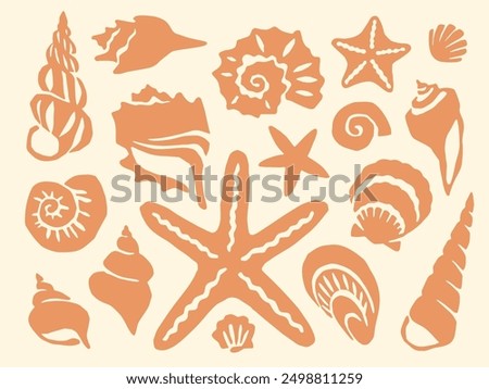 Cut out seashells collection summer sea vacation block print. Peach orange seashell cutouts vintage collage element set. Coastal holiday design with a retro vibe, seashell icons nautical poster print.