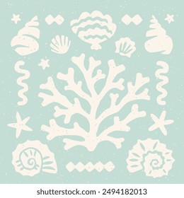 Cut out seashells and coral decorative square block print. Seashell and seaweed cutouts on pastel blue background coastal holiday collage element set. A seashell collection summer beach resort design.