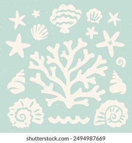 Cut out seashells and coral decorative square block print. Seashell and starfish cutouts on pastel blue background coastal holiday collage element set. Seashell collection summer beach resort design.