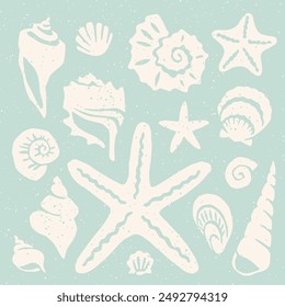 Cut out seashells square block print. Seashells cutouts on pastel blue background coastal holiday collage element set. A seashell collection summer beach print. Light blue and cream resort design.