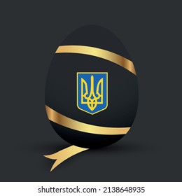 Cut out Silhouette of black Easter egg on black background. Icon Coat of arms of Ukraine. Ukrainian Country national flag emblem with Tryzub (trident). Sorrow for the dead. vector 3D Illustration 