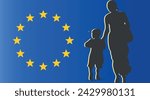 Cut out Silhouette of a mother with child, refugees fleeing the war. Flag of european union. Refugees welcome concept. War, military conflict, Solidarity concept