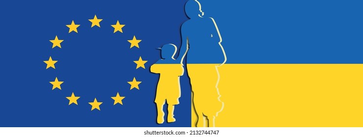 Cut out Silhouette of a mother with child, refugees fleeing the war. Flag of european union and ukrainian flag. Refugees welcome concept. Ukraine and Russia military conflict, Solidarity with Ukraine