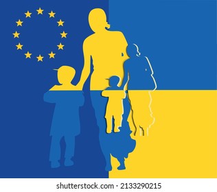 Cut out Silhouette of a mother with child, refugees fleeing the war. Flag of european union and ukrainian flag. Refugees welcome concept. Ukraine and Russia military conflict, Solidarity with Ukraine