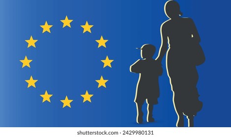 Cut out Silhouette of a mother with child, refugees fleeing the war. Flag of european union. Refugees welcome concept. War, military conflict, Solidarity concept