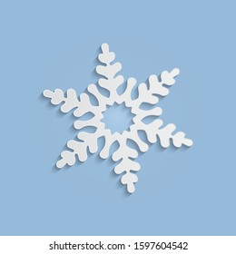 Cut out snowflake silhouette with soft shadow. White and blue xmas vector illustration. Winter holidays, New year and Christmas decoration. Paper element for your design. Trendy modern concept. EPS10.