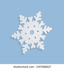 Cut out snowflake silhouette with soft shadow. White and blue xmas vector illustration. Winter holidays, New year and Christmas decoration. Paper element for your design. Trendy modern concept. EPS10.