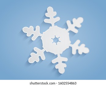 Cut out snowflake silhouette with soft shadow. White and blue xmas vector illustration. Winter holidays, New year and Christmas decoration. Paper element for your design. Trendy modern concept. EPS10.